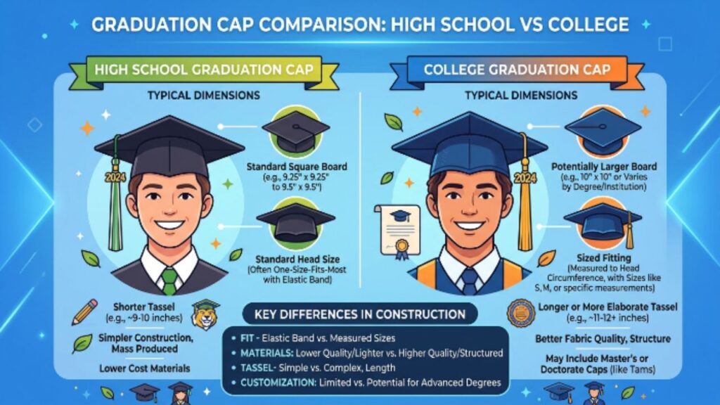 High School Graduation Cap Dimensions vs College Caps
